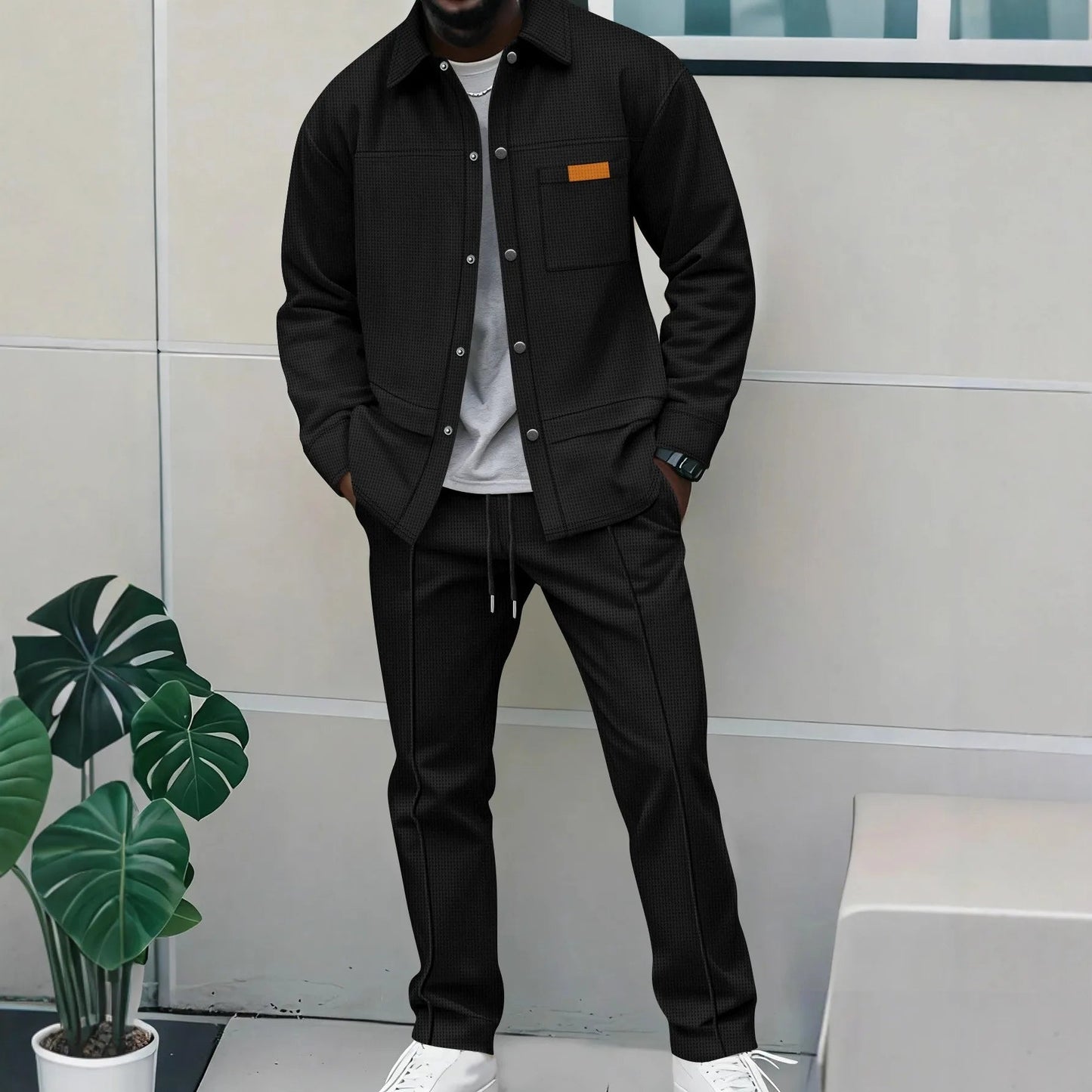 2025 hommes nouveau Style gaufré couleur unie col boutonné poches à manches longues pantalon ensemble de veste décontractée - crazyfinds.frcrazyfinds.frBlackSCHINA2025 hommes nouveau Style gaufré couleur unie col boutonné poches à manches longues pantalon ensemble de veste décontractée