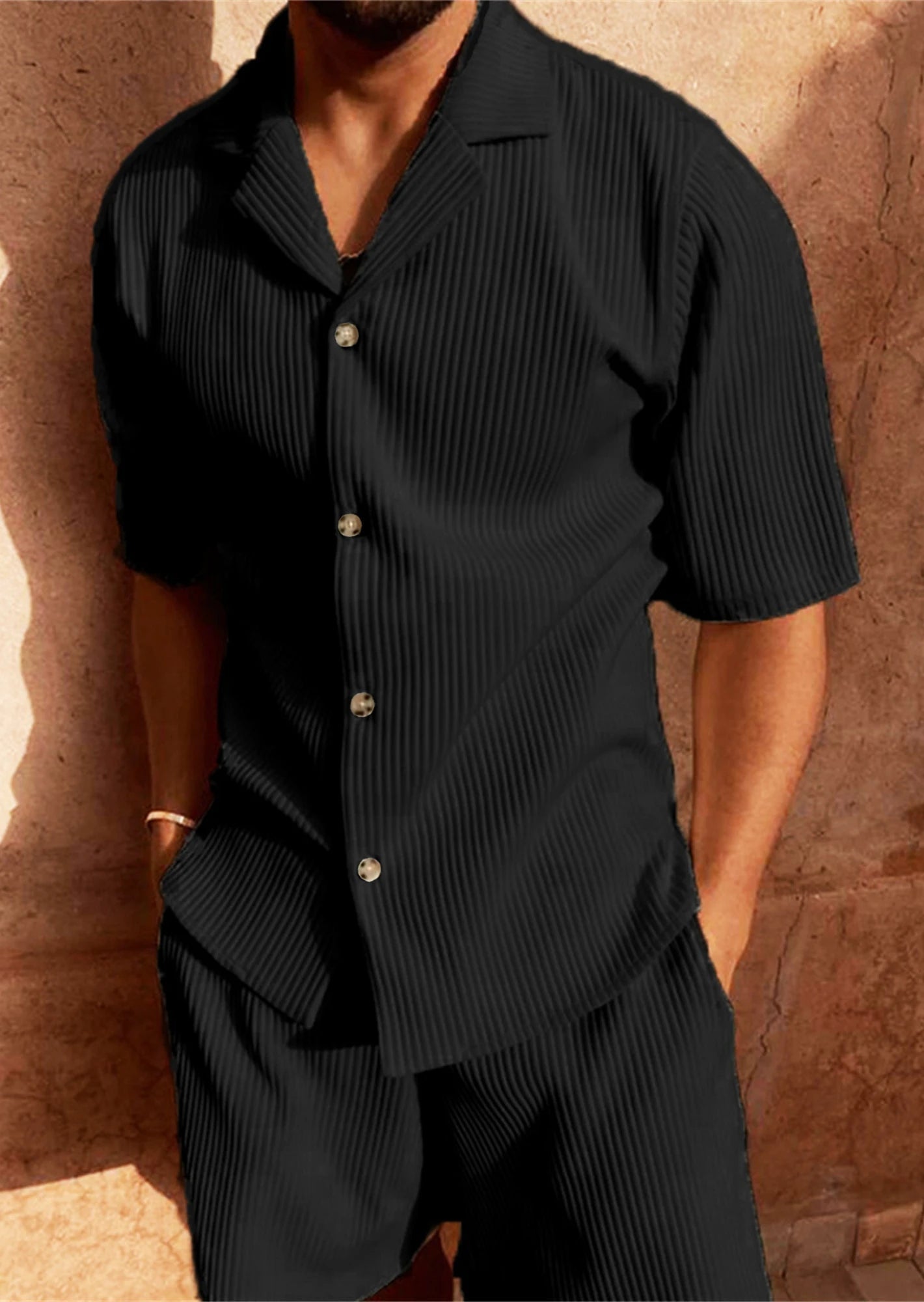 Costume printemps/été en velours côtelé de couleur unie, chemise à manches courtes et short extensible, costume de plage décontracté - crazyfinds.frcrazyfinds.frBlackLCostume printemps/été en velours côtelé de couleur unie, chemise à manches courtes et short extensible, costume de plage décontracté