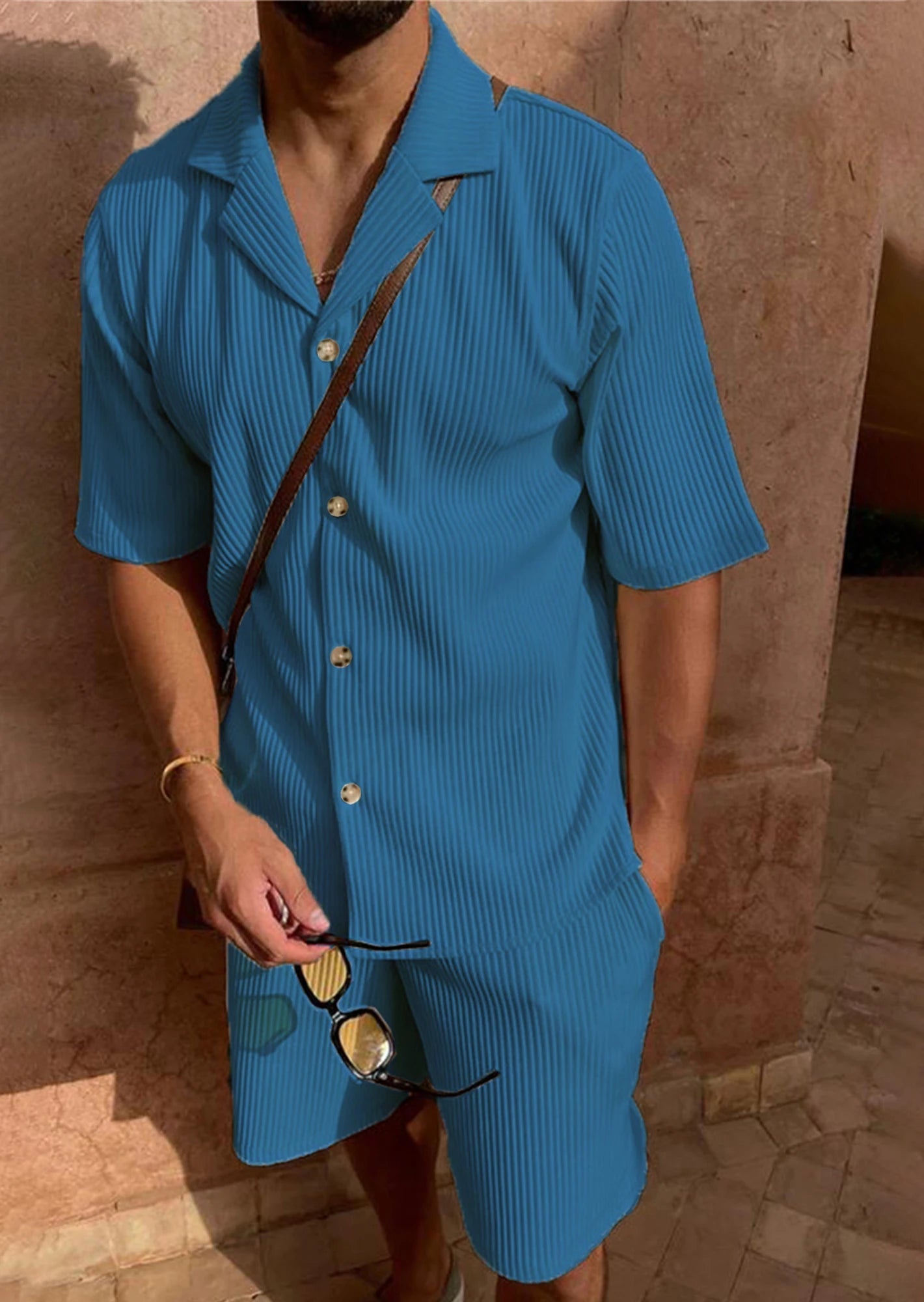 Costume printemps/été en velours côtelé de couleur unie, chemise à manches courtes et short extensible, costume de plage décontracté - crazyfinds.frcrazyfinds.frcreamy whiteLCostume printemps/été en velours côtelé de couleur unie, chemise à manches courtes et short extensible, costume de plage décontracté