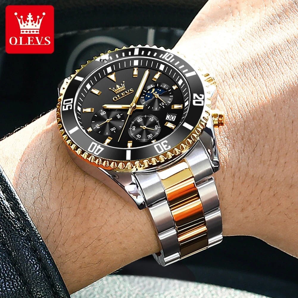OLEVS Montres Homme Phase de Lune Originale Étanche Luxe Montre Quartz Acier Inoxydable Chronographe Date Cadran Rotatif Montre - Bracelet - crazyfinds.frcrazyfinds.frOLEVS Montres Homme Phase de Lune Originale Étanche Luxe Montre Quartz Acier Inoxydable Chronographe Date Cadran Rotatif Montre - Bracelet