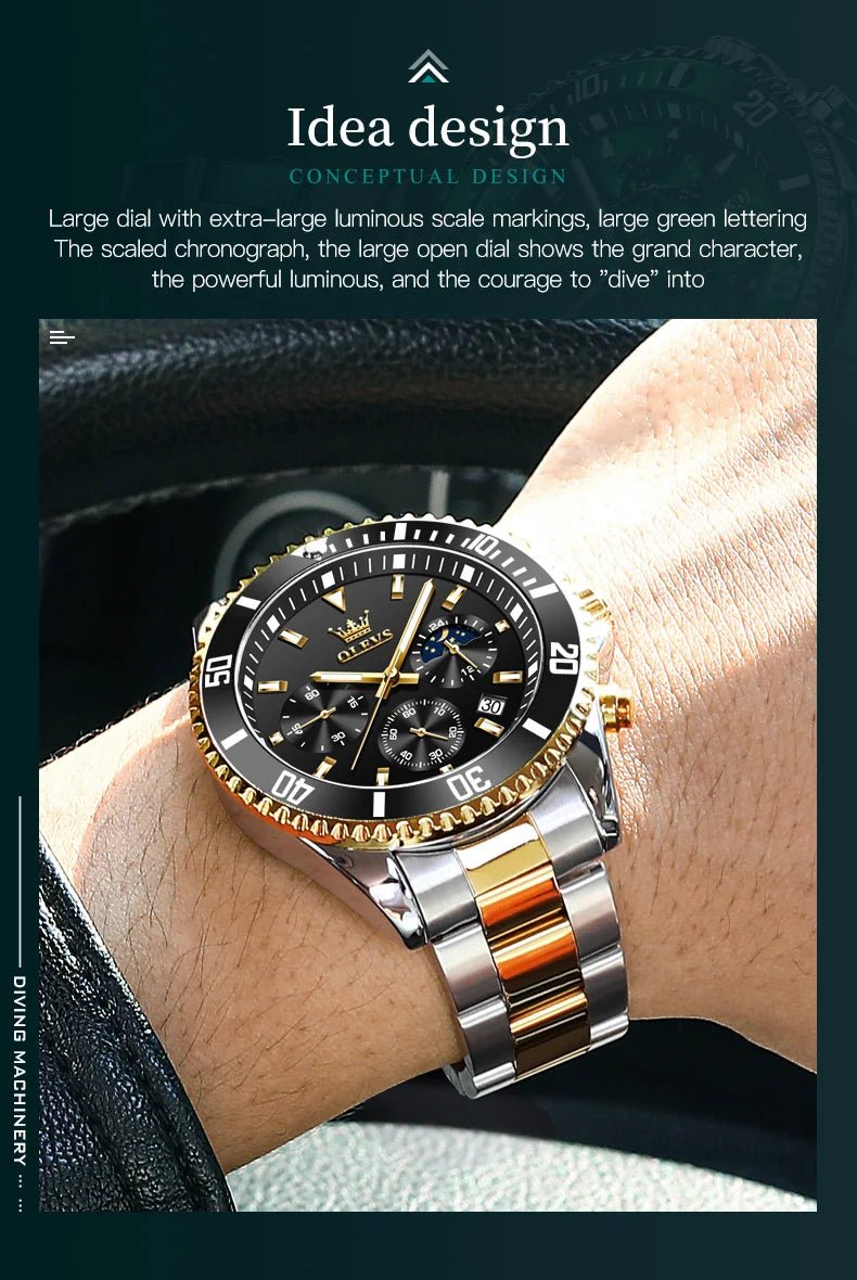 OLEVS Montres Homme Phase de Lune Originale Étanche Luxe Montre Quartz Acier Inoxydable Chronographe Date Cadran Rotatif Montre - Bracelet - crazyfinds.frcrazyfinds.frOLEVS Montres Homme Phase de Lune Originale Étanche Luxe Montre Quartz Acier Inoxydable Chronographe Date Cadran Rotatif Montre - Bracelet