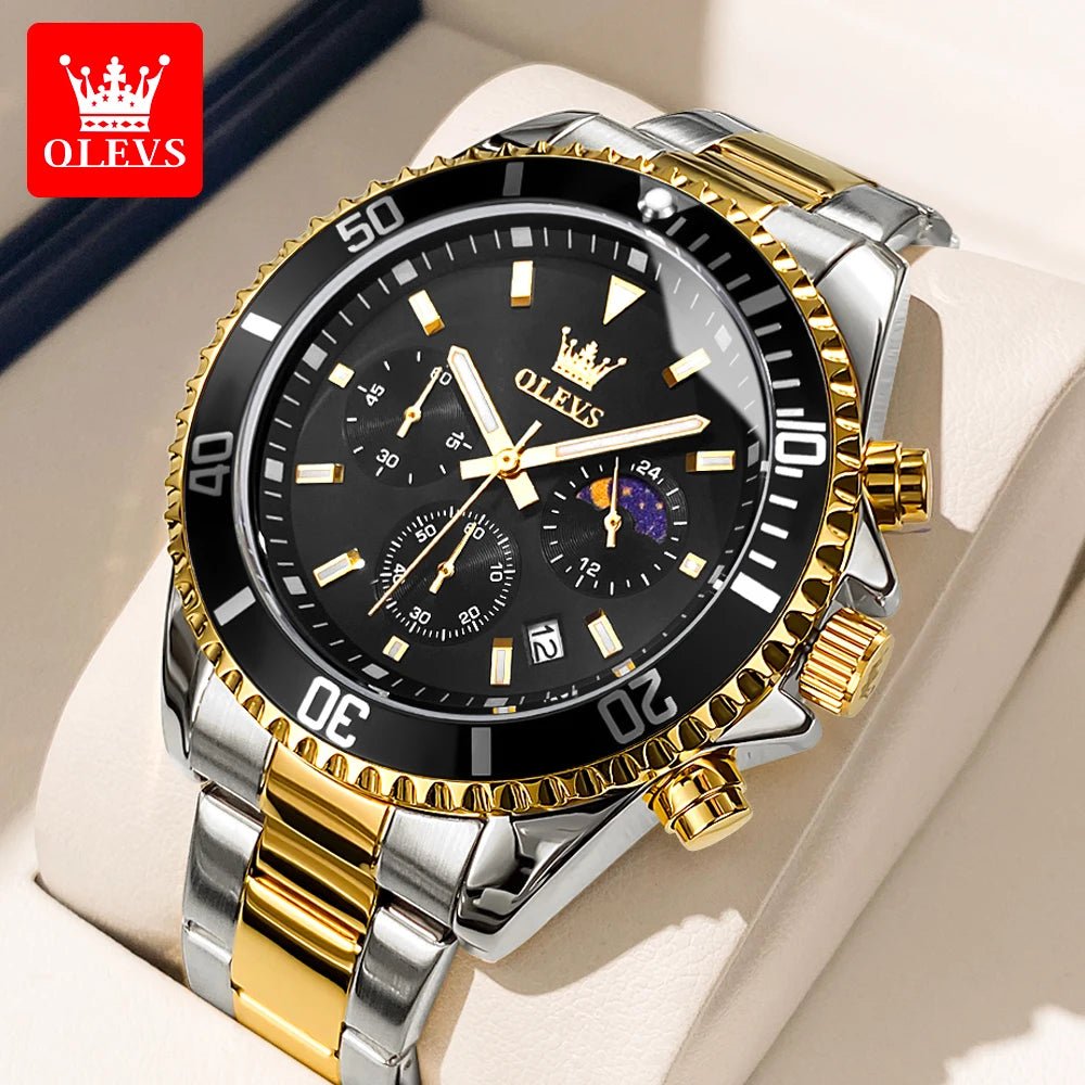 OLEVS Montres Homme Phase de Lune Originale Étanche Luxe Montre Quartz Acier Inoxydable Chronographe Date Cadran Rotatif Montre - Bracelet - crazyfinds.frcrazyfinds.frOLEVS Montres Homme Phase de Lune Originale Étanche Luxe Montre Quartz Acier Inoxydable Chronographe Date Cadran Rotatif Montre - Bracelet