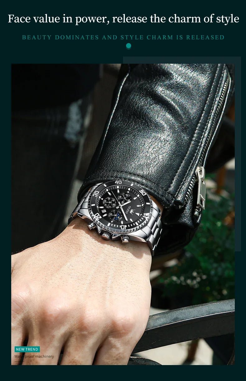 OLEVS Montres Homme Phase de Lune Originale Étanche Luxe Montre Quartz Acier Inoxydable Chronographe Date Cadran Rotatif Montre - Bracelet - crazyfinds.frcrazyfinds.frOLEVS Montres Homme Phase de Lune Originale Étanche Luxe Montre Quartz Acier Inoxydable Chronographe Date Cadran Rotatif Montre - Bracelet