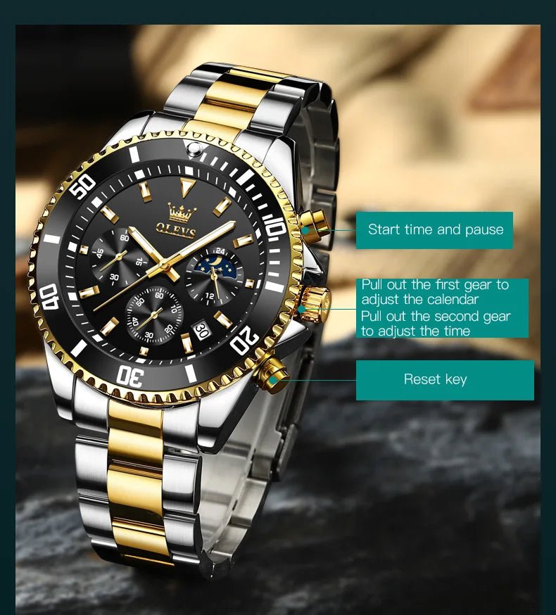 OLEVS Montres Homme Phase de Lune Originale Étanche Luxe Montre Quartz Acier Inoxydable Chronographe Date Cadran Rotatif Montre - Bracelet - crazyfinds.frcrazyfinds.frOLEVS Montres Homme Phase de Lune Originale Étanche Luxe Montre Quartz Acier Inoxydable Chronographe Date Cadran Rotatif Montre - Bracelet