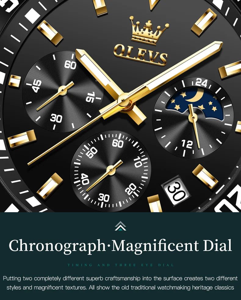 OLEVS Montres Homme Phase de Lune Originale Étanche Luxe Montre Quartz Acier Inoxydable Chronographe Date Cadran Rotatif Montre - Bracelet - crazyfinds.frcrazyfinds.frOLEVS Montres Homme Phase de Lune Originale Étanche Luxe Montre Quartz Acier Inoxydable Chronographe Date Cadran Rotatif Montre - Bracelet