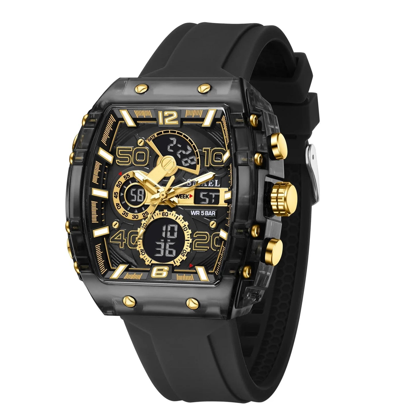 SMAEL 8109 nouvelle montre pour hommes sport multifonctionnel 50M étanche double affichage LED veilleuse loisirs étudiant montre électronique - crazyfinds.frcrazyfinds.frBlack GoldSMAEL 8109 nouvelle montre pour hommes sport multifonctionnel 50M étanche double affichage LED veilleuse loisirs étudiant montre électronique
